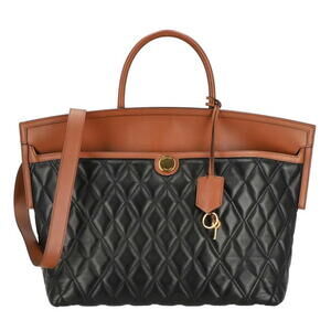 Burberry Quilted Leather Society Top Handle Bag black lambskin brown calf